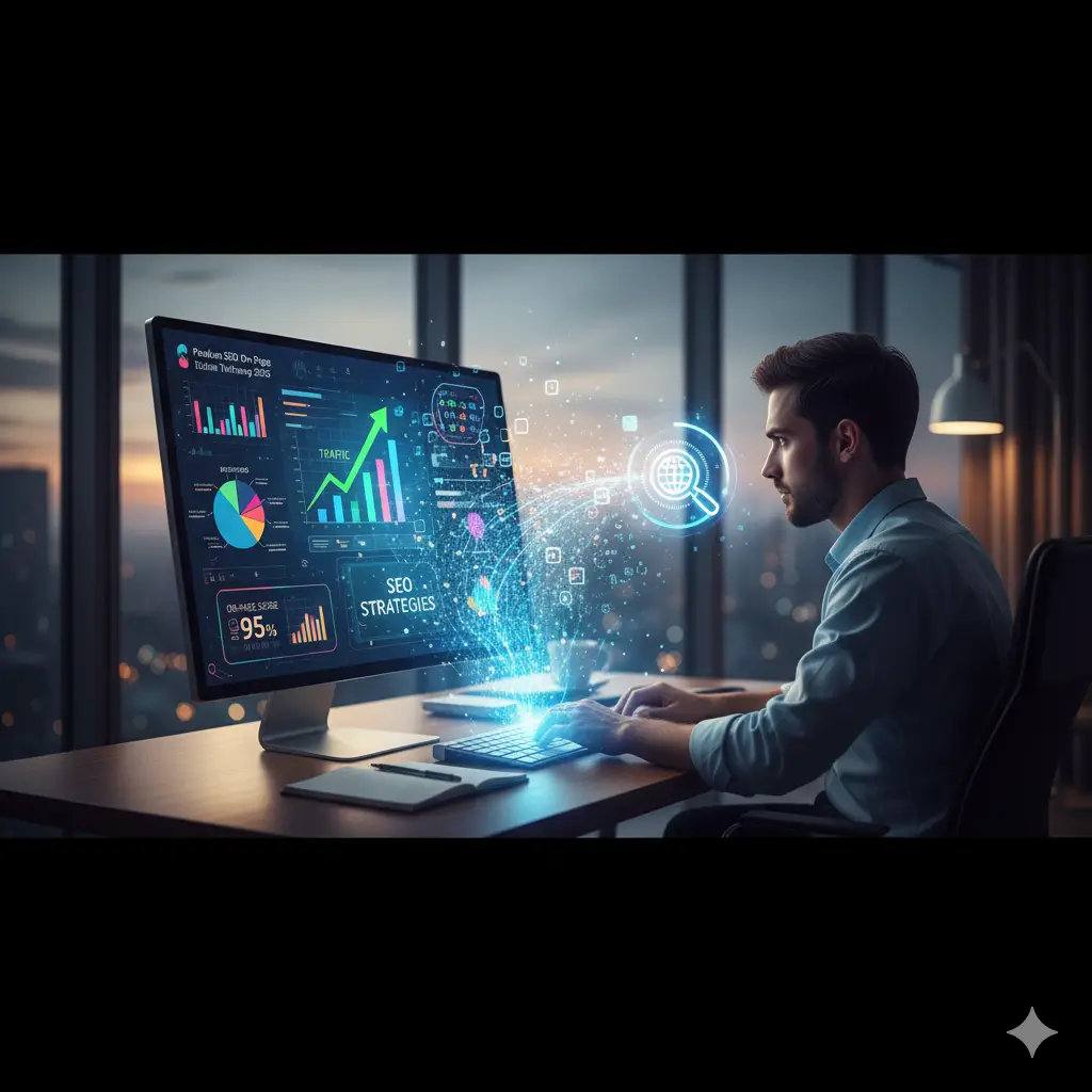 Seorang pria profesional sedang menganalisis data SEO on-page di monitor komputer,