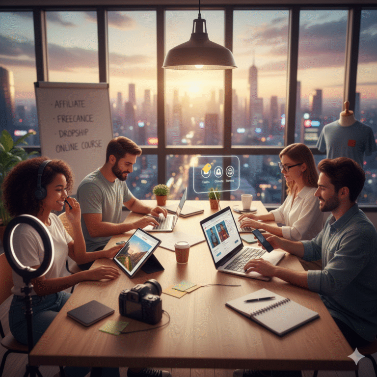 Sekelompok orang muda profesional bekerja di meja dengan laptop dan tablet di kantor modern berlatar kota saat matahari terbenam, menampilkan berbagai cara mendapatkan uang dari internet
